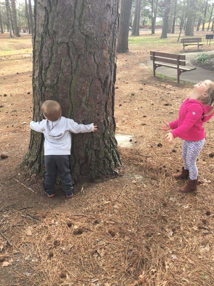Grand kids hug trees